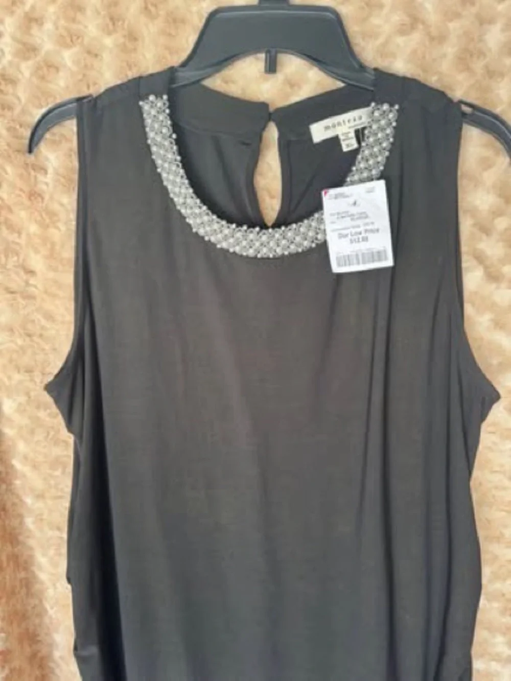 New Beaded Neckline maternity Sleeveless Tank Top - Black- XL